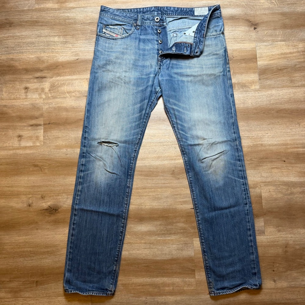 Diesel Buster Jeans Mens 34x34 Blue Regular Slim Tapered Distressed Wash 0838B